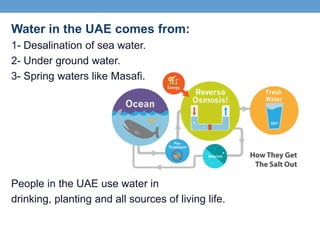 Water in the UAE comes from:
1- Desalination of sea water.
2- Under ground water.
3- Spring waters like Masafi.




People in the UAE use water in
drinking, planting and all sources of living life.
 