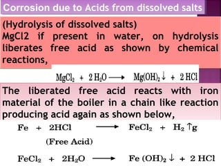 Corrosion due to Acids from dissolved saltsCorrosion due to Acids from dissolved salts
(Hydrolysis of dissolved salts)
MgCl2 if present in water, on hydrolysis
liberates free acid as shown by chemical
reactions,
The liberated free acid reacts with iron
material of the boiler in a chain like reaction
producing acid again as shown below,
The liberated free acid reacts with iron
material of the boiler in a chain like reaction
producing acid again as shown below,
 