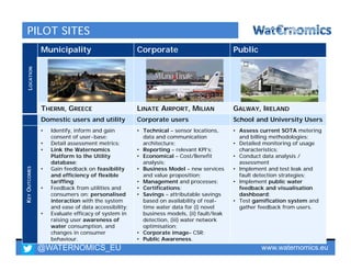 @WATERNOMICS_EU www.waternomics.eu10
LOCATION
Municipality Corporate Public
THERMI, GREECE LINATE AIRPORT, MILIAN GALWAY, IRELAND
Domestic users and utility Corporate users School and University Users
KEYOUTCOMES
• Identify, inform and gain
consent of user-base;
• Detail assessment metrics;
• Link the Waternomics
Platform to the Utility
database;
• Gain feedback on feasibility
and efficiency of flexible
tariffing;
• Feedback from utilities and
consumers on: personalised
interaction with the system
and ease of data accessibility;
• Evaluate efficacy of system in
raising user awareness of
water consumption, and
changes in consumer
behaviour.
• Technical – sensor locations,
data and communication
architecture;
• Reporting – relevant KPI’s;
• Economical – Cost/Benefit
analysis;
• Business Model – new services
and value proposition;
• Management and processes;
• Certifications;
• Savings – attributable savings
based on availability of real-
time water data for (i) novel
business models, (ii) fault/leak
detection, (iii) water network
optimisation;
• Corporate image– CSR;
• Public Awareness.
• Assess current SOTA metering
and billing methodologies;
• Detailed monitoring of usage
characteristics;
• Conduct data analysis /
assessment
• Implement and test leak and
fault detection strategies;
• Implement public water
feedback and visualisation
dashboard;
• Test gamification system and
gather feedback from users.
PILOT SITES
 