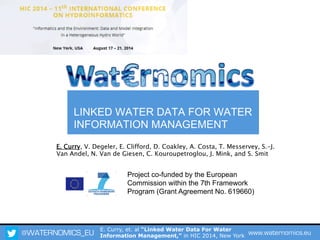 @WATERNOMICS_EU www.waternomics.eu
Project co-funded by the European
Commission within the 7th Framework
Program (Grant Agreement No. 619660)
LINKED WATER DATA FOR WATER
INFORMATION MANAGEMENT
E. Curry, V. Degeler, E. Clifford, D. Coakley, A. Costa, T. Messervey, S.-J.
Van Andel, N. Van de Giesen, C. Kouroupetroglou, J. Mink, and S. Smit
E. Curry, et. al “Linked Water Data For Water
Information Management,” in HIC 2014, New York
 