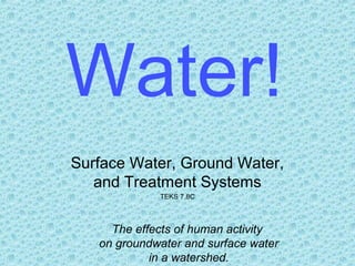 Water!
Surface Water, Ground Water,
and Treatment Systems
TEKS 7.8C

The effects of human activity
on groundwater and surface water
in a watershed.

 
