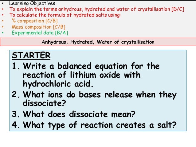 determination of the waters of crystallisation Determine the perecent composition of water and salt in the hydrate step 1 : divide the mass of the water molecules by the mass of the entire hydrate and multiply by 100 to get the percent of water. determination of the waters of crystallisation Determine the perecent composition of water and salt in the hydrate step 1 : divide the mass of the water molecules by the mass of the entire hydrate and multiply by 100 to get the percent of water.
