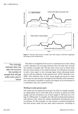 156 L. KOESTLER et al.




                         Figure 1. Persons with access to water over time using a short-term approach
                         focusing on new infrastructure




                           This effect is multiplied if the access is maintained over time. Being
       The coverage
                         a static indicator, the coverage indicator does not take into account
  indicator does not     the number of people that will get water every year in future from
   take into account     the new water system, if it is kept functional. It is therefore necessary
      the number of      to add a time aspect to the coverage ﬁgure when allocating funds,
 people that will get    and we call the indicator ‘water-person-years’ (WPY) (Koestler et al.,
 water every year in     2009). This indicator tells us how many people get access to water
                         from year one and each year throughout the lifetime of the infrastruc-
               future
                         ture, and makes it possible to express the impact of an investment in
                         a cumulative way, over a period of time.


                         Thinking in water-person-years
                         The easiest way to explain this concept is to look at a simple example:
                         an organization has in total 300 units of money to spend on water
                         supply, and the investment cost of each supply is 100 units for a vil-
                         lage of 1,000 people. To simplify, the 100 units include both hardware
                         and software costs, where the relative distribution will depend on lo-
                         cal settings. For this example, we also assume a constant population
                         and that money today has the same value tomorrow. According to



April 2010                                                                     Waterlines Vol. 29 No. 2
 