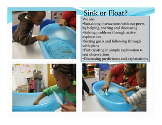Sink	
  or	
  Float?	
  
We	
  are:	
  
• Sustaining	
  interactions	
  with	
  our	
  peers	
  
by	
  helping,	
  sharing	
  and	
  discussing	
  
• Solving	
  problems	
  through	
  active	
  
exploration	
  
• Setting	
  goals	
  and	
  following	
  through	
  
with	
  plans	
  
• Participating	
  in	
  simple	
  exploration	
  to	
  
test	
  observations	
  
• Discussing	
  predictions	
  and	
  explanations	
  
 