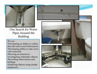 Our	
  Search	
  for	
  Water	
  
Pipes	
  Around	
  the	
  
Building	
  
We	
  are:	
  
• Developing	
  an	
  ability	
  to	
  collect,	
  
describe	
  and	
  record	
  information	
  
• Developing	
  ability	
  to	
  take	
  turns	
  
with	
  materials	
  
• Showing	
  an	
  interest	
  in	
  
investigating	
  unfamiliar	
  objects	
  
• Recording	
  observations	
  and	
  
ﬁndings	
  
• Exploring	
  objects	
  using	
  simple	
  
equipment	
  
 
