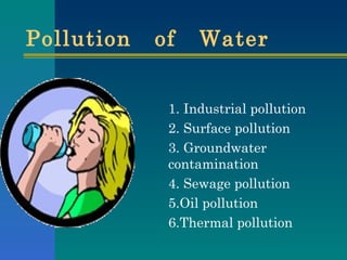 Pollution  of  Water  1. Industrial pollution 2. Surface pollution 3. Groundwater contamination 4. Sewage pollution 5.Oil pollution 6.Thermal pollution  