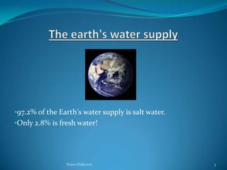    Water pollution affects plants and organisms living in these bodies of water and in almost all cases the effect is damaging not only to individual species and populations, but also to the natural biological communities.The earth's water supply97.2% of the Earth's water supply is salt water.