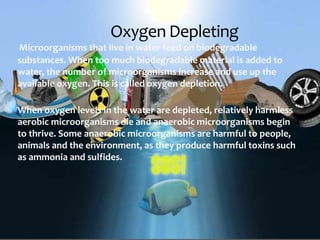 Oxygen Depleting
Microorganisms that live in water feed on biodegradable
substances. When too much biodegradable material is added to
water, the number of microorganisms increase and use up the
available oxygen. This is called oxygen depletion.
When oxygen levels in the water are depleted, relatively harmless
aerobic microorganisms die and anaerobic microorganisms begin
to thrive. Some anaerobic microorganisms are harmful to people,
animals and the environment, as they produce harmful toxins such
as ammonia and sulfides.
 