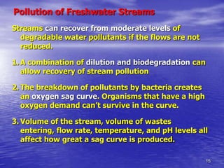 15
Pollution of Freshwater Streams
Streams can recover from moderate levels of
degradable water pollutants if the flows are not
reduced.
1. A combination of dilution and biodegradation can
allow recovery of stream pollution
2. The breakdown of pollutants by bacteria creates
an oxygen sag curve. Organisms that have a high
oxygen demand can’t survive in the curve.
3. Volume of the stream, volume of wastes
entering, flow rate, temperature, and pH levels all
affect how great a sag curve is produced.
 