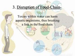 3. Disruption of Food-Chain-
Toxins within water can harm
aquatic organisms, thus breaking
a link in the food chain.
 