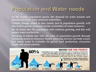  As the world’s population grows, the demand for water mounts and
pressure on finite water resources intensifies.
 Climate change, which is also closely tied to population growth, will
also lead to greater pressures on the availability of water resources.
 We do know that the population will continue growing, and this will
impact water availability.
 Investing in efforts that slow the rates of population growth through
increasing access to voluntary family planning services can help ensure
that ample water is available for global food production, ecosystem
health and social stability.
 