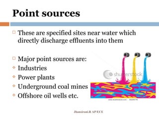 Point sources
 These are specified sites near water which
directly discharge effluents into them
 Major point sources are:
 Industries
 Power plants
 Underground coal mines
 Offshore oil wells etc.
Jhansirani.R AP/ECE
 