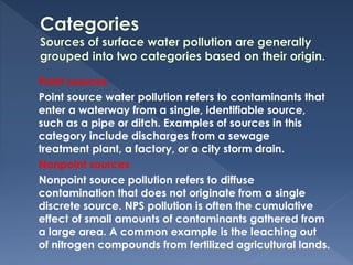 Point sources
Point source water pollution refers to contaminants that
enter a waterway from a single, identifiable source,
such as a pipe or ditch. Examples of sources in this
category include discharges from a sewage
treatment plant, a factory, or a city storm drain.
Nonpoint sources
Nonpoint source pollution refers to diffuse
contamination that does not originate from a single
discrete source. NPS pollution is often the cumulative
effect of small amounts of contaminants gathered from
a large area. A common example is the leaching out
of nitrogen compounds from fertilized agricultural lands.
 