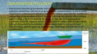 GROUNDWATER POLLUTION:
• Interactions between groundwater and surface water are complex. Groundwater
pollution sometimes referred to as groundwater contamination, is not as easily
classified as surface water pollution. By its very nature, groundwater aquifers as
susceptible to contamination from sources that may not directly affect surface
water bodies, and the distinction of points vs. non- point sources may be
irrelevant. A spill or ongoing releases of chemical or radionuclide contaminants
into soil. Analysis of Groundwater contamination may focuses on the soil
characteristics and site geology, hydrogeology, hydrology, and the nature of
contaminants.
 