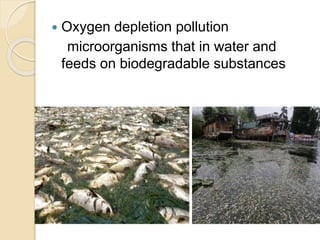  Oxygen depletion pollution
microorganisms that in water and
feeds on biodegradable substances
 