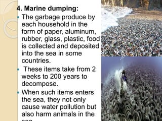 4. Marine dumping:
 The garbage produce by
each household in the
form of paper, aluminum,
rubber, glass, plastic, food
is collected and deposited
into the sea in some
countries.
 These items take from 2
weeks to 200 years to
decompose.
 When such items enters
the sea, they not only
cause water pollution but
also harm animals in the
 