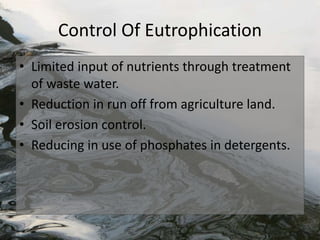 Control Of Eutrophication
• Limited input of nutrients through treatment
of waste water.
• Reduction in run off from agriculture land.
• Soil erosion control.
• Reducing in use of phosphates in detergents.
 