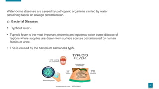 31
Water-borne diseases are caused by pathogenic organisms carried by water
containing faecal or sewage contamination.
a) Bacterial Diseases
1. Typhoid fever:-
• Typhoid fever is the most important endemic and epidemic water borne disease of
regions where supplies are drawn from surface sources contaminated by human
faeces or urine.
• This is caused by the bacterium salmonella typhi.
 
