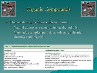 Organic Compounds
o Chemicals that contain carbon atoms
• Natural examples: sugars, amino acids, and oils
• Manmade examples: pesticides, solvents, industrial
chemicals and plastics
 