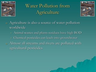 Water Pollution from
Agriculture
o Agriculture is also a source of water pollution
worldwide
• Animal wastes and plants residues have high BOD
• Chemical pesticides can leach into groundwater
o Almost all streams and rivers are polluted with
agricultural pesticides
 