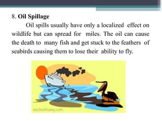 8. Oil Spillage
Oil spills usually have only a localized effect on
wildlife but can spread for miles. The oil can cause
the death to many fish and get stuck to the feathers of
seabirds causing them to lose their ability to fly.
 