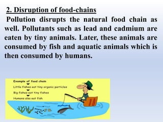 2. Disruption of food-chains
Pollution disrupts the natural food chain as
well. Pollutants such as lead and cadmium are
eaten by tiny animals. Later, these animals are
consumed by fish and aquatic animals which is
then consumed by humans.
 