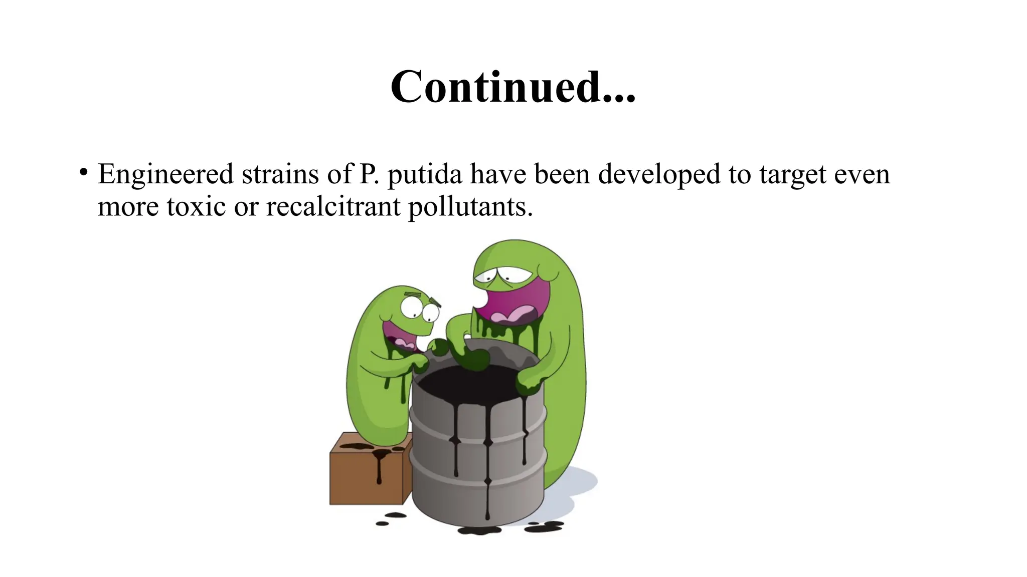 Continued...
• Engineered strains of P. putida have been developed to target even
more toxic or recalcitrant pollutants.
 