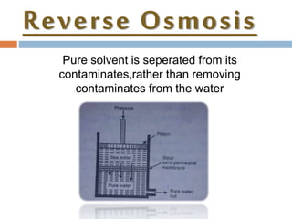 Reverse Osmosis
Pure solvent is seperated from its
contaminates,rather than removing
contaminates from the water
 