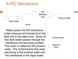 A RO Membrane
Feed Water
Pump
RO
Membran
e(s)
Product Water
Control Valve
Reject to
Drain
Water enters the RO membrane
under pressure and travels from the
feed end to the reject end. Some of
this feed water passes through the
membrane and becomes purified.
This water is called the RO product
water. The contaminants that were
previously in the product water exit
the membrane in the reject water.
 