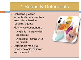 1.Soaps & Detergents
 Collectively called
surfactants because they
are surface tension
reducing agents
 Mainly two components
1) Lyophilic :- merges with
the solvents
2) Lyophobic:- merges with
the oil dirt.
 Detergents mainly 3
types:- anionic, cationic
and non-ionic.
 