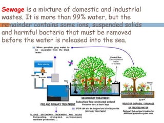 Sewage is a mixture of domestic and industrial
wastes. It is more than 99% water, but the
remainder contains some ions, suspended solids
and harmful bacteria that must be removed
before the water is released into the sea.
 
