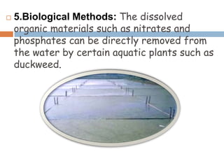  5.Biological Methods: The dissolved
organic materials such as nitrates and
phosphates can be directly removed from
the water by certain aquatic plants such as
duckweed.
 