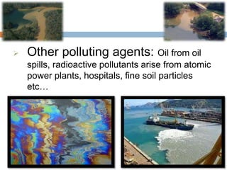 Cont…
 Other polluting agents: Oil from oil
spills, radioactive pollutants arise from atomic
power plants, hospitals, fine soil particles
etc…
 