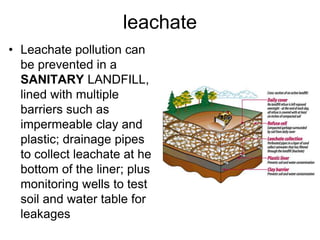 leachate
• Leachate pollution can
be prevented in a
SANITARY LANDFILL,
lined with multiple
barriers such as
impermeable clay and
plastic; drainage pipes
to collect leachate at he
bottom of the liner; plus
monitoring wells to test
soil and water table for
leakages
 