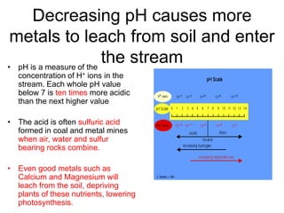 Decreasing pH causes more
metals to leach from soil and enter
the stream
• pH is a measure of the
concentration of H+ ions in the
stream. Each whole pH value
below 7 is ten times more acidic
than the next higher value
• The acid is often sulfuric acid
formed in coal and metal mines
when air, water and sulfur
bearing rocks combine.
• Even good metals such as
Calcium and Magnesium will
leach from the soil, depriving
plants of these nutrients, lowering
photosynthesis.
 