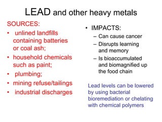 LEAD and other heavy metals
SOURCES:
• unlined landfills
containing batteries
or coal ash;
• household chemicals
such as paint;
• plumbing;
• mining refuse/tailings
• industrial discharges
• IMPACTS:
– Can cause cancer
– Disrupts learning
and memory
– Is bioaccumulated
and biomagnified up
the food chain
Lead levels can be lowered
by using bacterial
bioremediation or chelating
with chemical polymers
 