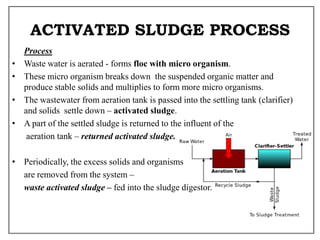 ACTIVATED SLUDGE PROCESS
Process
• Waste water is aerated - forms floc with micro organism.
• These micro organism breaks down the suspended organic matter and
produce stable solids and multiplies to form more micro organisms.
• The wastewater from aeration tank is passed into the settling tank (clarifier)
and solids settle down – activated sludge.
• A part of the settled sludge is returned to the influent of the
aeration tank – returned activated sludge.
• Periodically, the excess solids and organisms
are removed from the system –
waste activated sludge – fed into the sludge digestor.
 