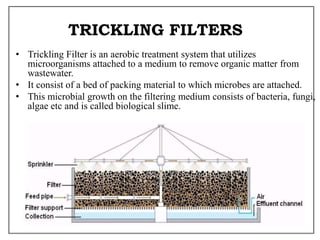 TRICKLING FILTERS
• Trickling Filter is an aerobic treatment system that utilizes
microorganisms attached to a medium to remove organic matter from
wastewater.
• It consist of a bed of packing material to which microbes are attached.
• This microbial growth on the filtering medium consists of bacteria, fungi,
algae etc and is called biological slime.
 