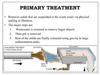 PRIMARY TREATMENT
• Removes solids that are suspended in the waste water via physical
settling or filtration.
• The major steps are:
1. Wastewater is screened to remove larger objects
2. Then grit is removed
3. Rest of the solids are finally extracted using gravity in large
sedimentation tanks.
 