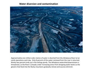 Water diversion and contamination
Approximately one million cubic metres of water is diverted from the Athabasca River to tar
sands operations each day. Only 8 percent of the water removed from the river is returned.
Ninety two percent ends up in the tailings ponds. The Athabasca watershed downstream is
threatened, as the River is already under increasing stress from dropping water levels as the
glaciers that feed into the Rocky mountains gradually retreat and sources diminish.
 