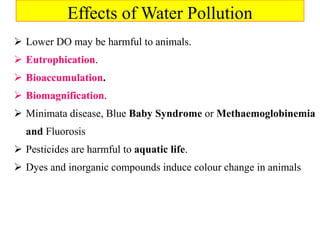 Effects of Water Pollution
 Lower DO may be harmful to animals.
 Eutrophication.
 Bioaccumulation.
 Biomagnification.
 Minimata disease, Blue Baby Syndrome or Methaemoglobinemia
and Fluorosis
 Pesticides are harmful to aquatic life.
 Dyes and inorganic compounds induce colour change in animals
 