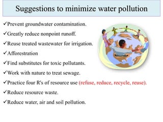 Suggestions to minimize water pollution
Prevent groundwater contamination.
Greatly reduce nonpoint runoff.
Reuse treated wastewater for irrigation.
Afforestration
Find substitutes for toxic pollutants.
Work with nature to treat sewage.
Practice four R's of resource use (refuse, reduce, recycle, reuse).
Reduce resource waste.
Reduce water, air and soil pollution.
 