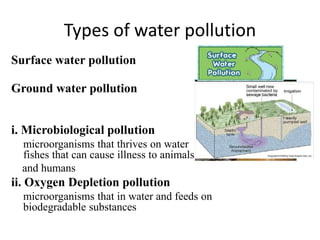 Types of water pollution
Surface water pollution
Ground water pollution
i. Microbiological pollution
microorganisms that thrives on water and
fishes that can cause illness to animals
and humans
ii. Oxygen Depletion pollution
microorganisms that in water and feeds on
biodegradable substances
 