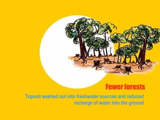 Fewer forests Topsoil washed out into freshwater sources and reduced recharge of water into the ground 