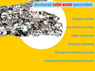 Increased   solid waste   generation Lifestyle changes Use and throw culture Higher aspirations Change in packaging Disregard for natural resources Inadequate waste management systems 