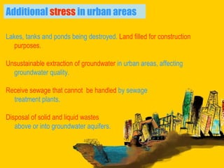 Lakes, tanks and ponds being destroyed.  Land filled for construction purposes. Unsustainable extraction of groundwater  in urban areas, affecting groundwater quality. Receive sewage that cannot  be handled  by sewage  treatment plants. Disposal of solid and liquid wastes   above or into groundwater aquifers.  Additional  stress  in urban areas 