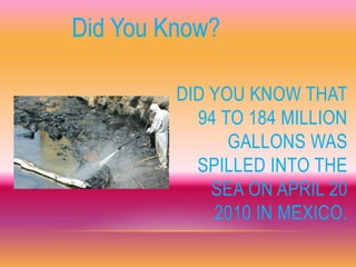 Did You Know?

         DID YOU KNOW THAT
           94 TO 184 MILLION
               GALLONS WAS
           SPILLED INTO THE
             SEA ON APRIL 20
             2010 IN MEXICO.
 
