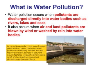 What is Water Pollution? Water pollution occurs when  pollutants are discharged directly into water bodies such as rivers, lakes and seas . It also occurs when  air and land pollutants are blown by wind or washed by rain into water bodies . Urban settlements discharge many forms of pollutants into canals, drains and sewer pipes which eventually find their way into the rivers and seas. Sources of pollutants include factories, sewage treatment plants, runoff of chemicals from agricultural plantations and live-stock farms. 