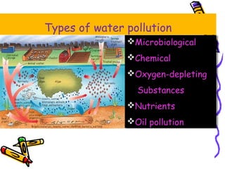 Types of water pollution
Microbiological
Chemical
Oxygen-depleting
Substances
Nutrients
Oil pollution
Microbiological
Chemical
Oxygen-depleting
Substances
Nutrients
Oil pollution
 