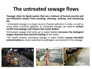 The untreated sewage flows
•Sewage refers to liquid wastes that are a mixture of human excreta and
non-industrial wastes from washing, cleaning, cooking, and showering
etc.
• Untreated sewage is a major source of water pollution in India, as well as
many other countries globally, as untreated sewage can lead to surface
runoff and seepage and release into water bodies.
•Untreated sewage that ends up in water bodies increases the biological
oxygen demand and nutrient loading of the water.
• On health impact, untreated sewage in water bodies causes microbial
contamination as many waterborne pathogens are present in the sewage.
 
